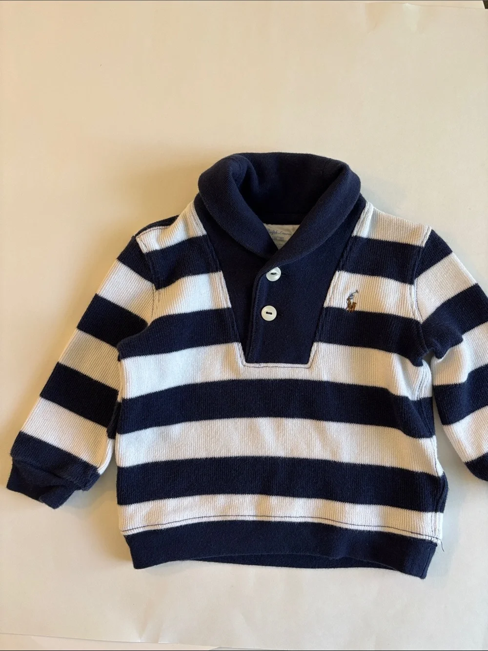 Ralph Lauren Baby Boy Navy White Striped Shawl Collar Sweater Size 9 Months